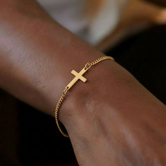 Stainless Steel 18K Gold Cross Pendant Bracelet Minimalist Religious Jewelry