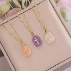Natural Stone Cross Necklace Stainless Steel Jewelry